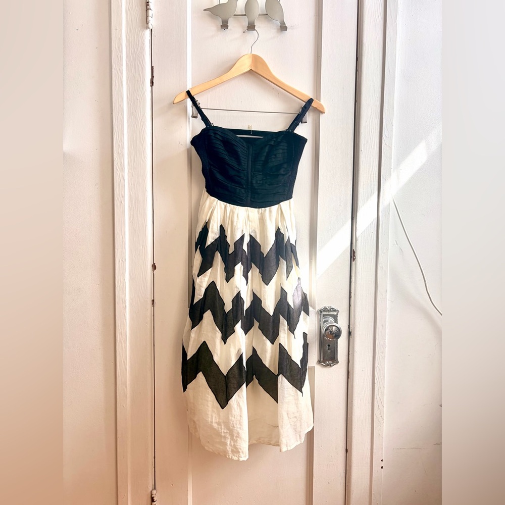 Anthropologie Black & White Midi Dress with Chevron Skirt